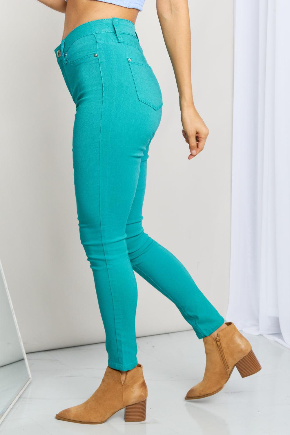 YMI Jeanswear Kate Hyper-Stretch Full Size Mid-Rise Skinny Jeans in Sea Green BLUE ZONE PLANET