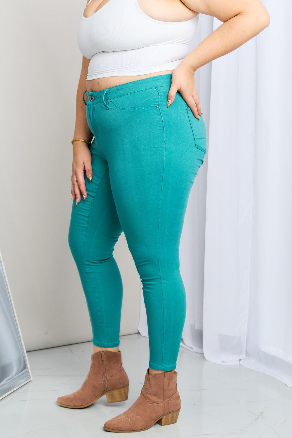 YMI Jeanswear Kate Hyper-Stretch Full Size Mid-Rise Skinny Jeans in Sea Green BLUE ZONE PLANET