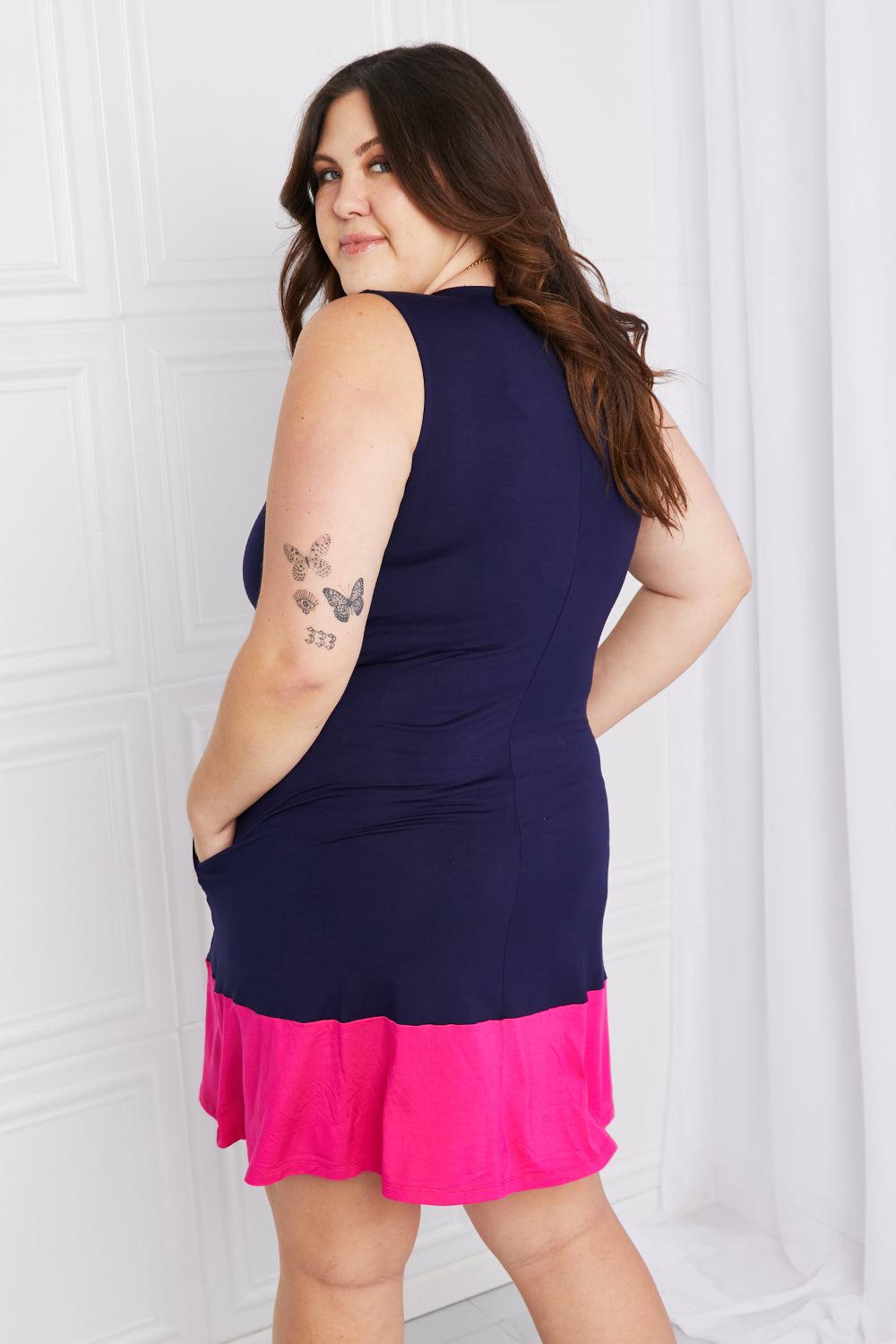 Yelete Full Size Two-Tone Sleeveless Mini Dress with Pockets BLUE ZONE PLANET