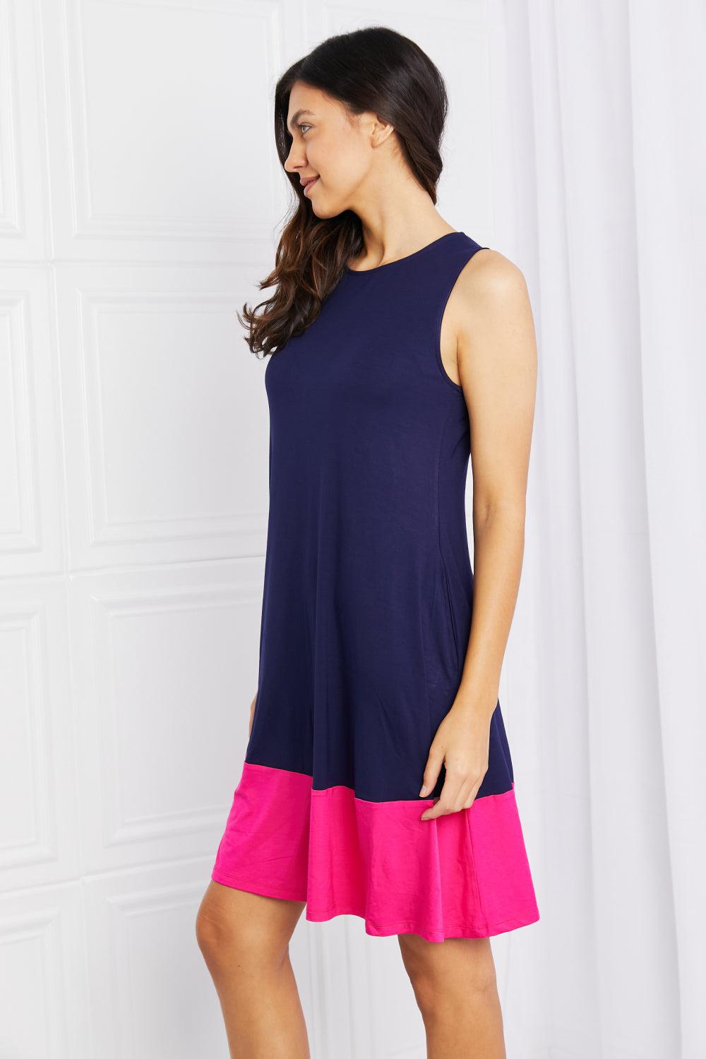 Yelete Full Size Two-Tone Sleeveless Mini Dress with Pockets BLUE ZONE PLANET