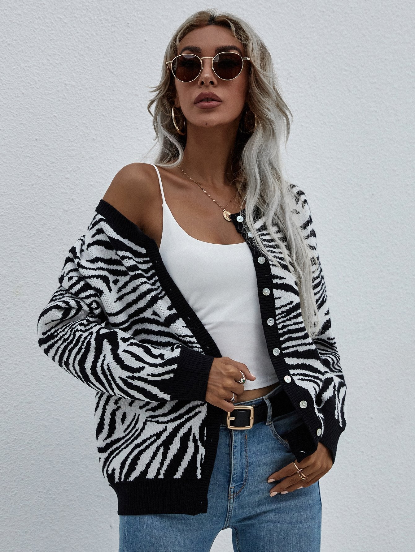 Zebra Print Button Down Cardigan BLUE ZONE PLANET