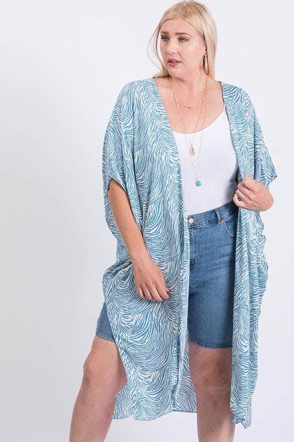 Zebra Print Short Sleeve Maxi Kimono Blue Zone Planet