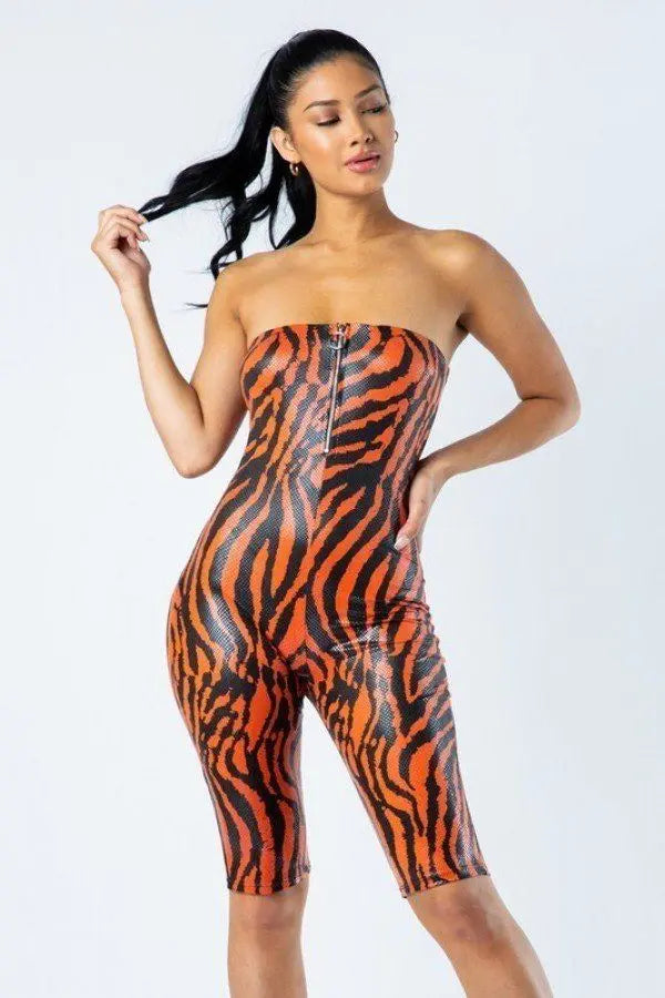 Zebra Print Tube Romper With Front O Ring Zipper Detail Blue Zone Planet