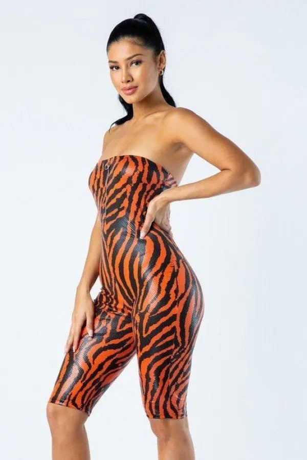 Zebra Print Tube Romper With Front O Ring Zipper Detail Blue Zone Planet