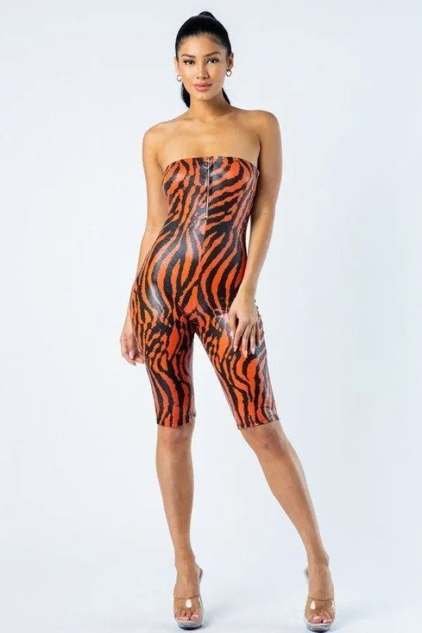 Zebra Print Tube Romper With Front O Ring Zipper Detail Blue Zone Planet
