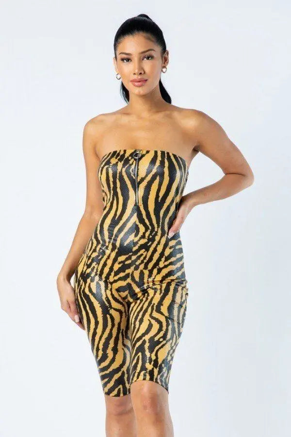 Zebra Print Tube Romper With Front O Ring Zipper Detail Blue Zone Planet