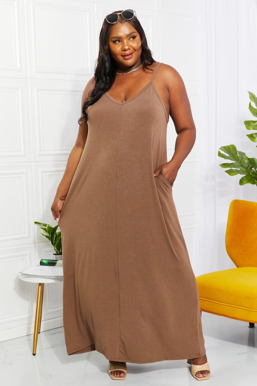 Zenana Full Size Beach Vibes Cami Maxi Dress in Mocha BLUE ZONE PLANET