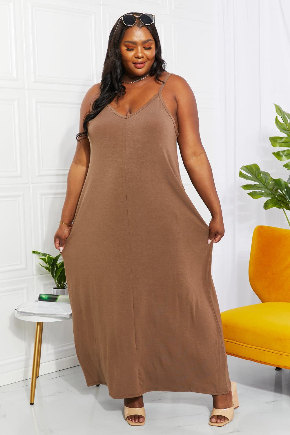 Zenana Full Size Beach Vibes Cami Maxi Dress in Mocha BLUE ZONE PLANET