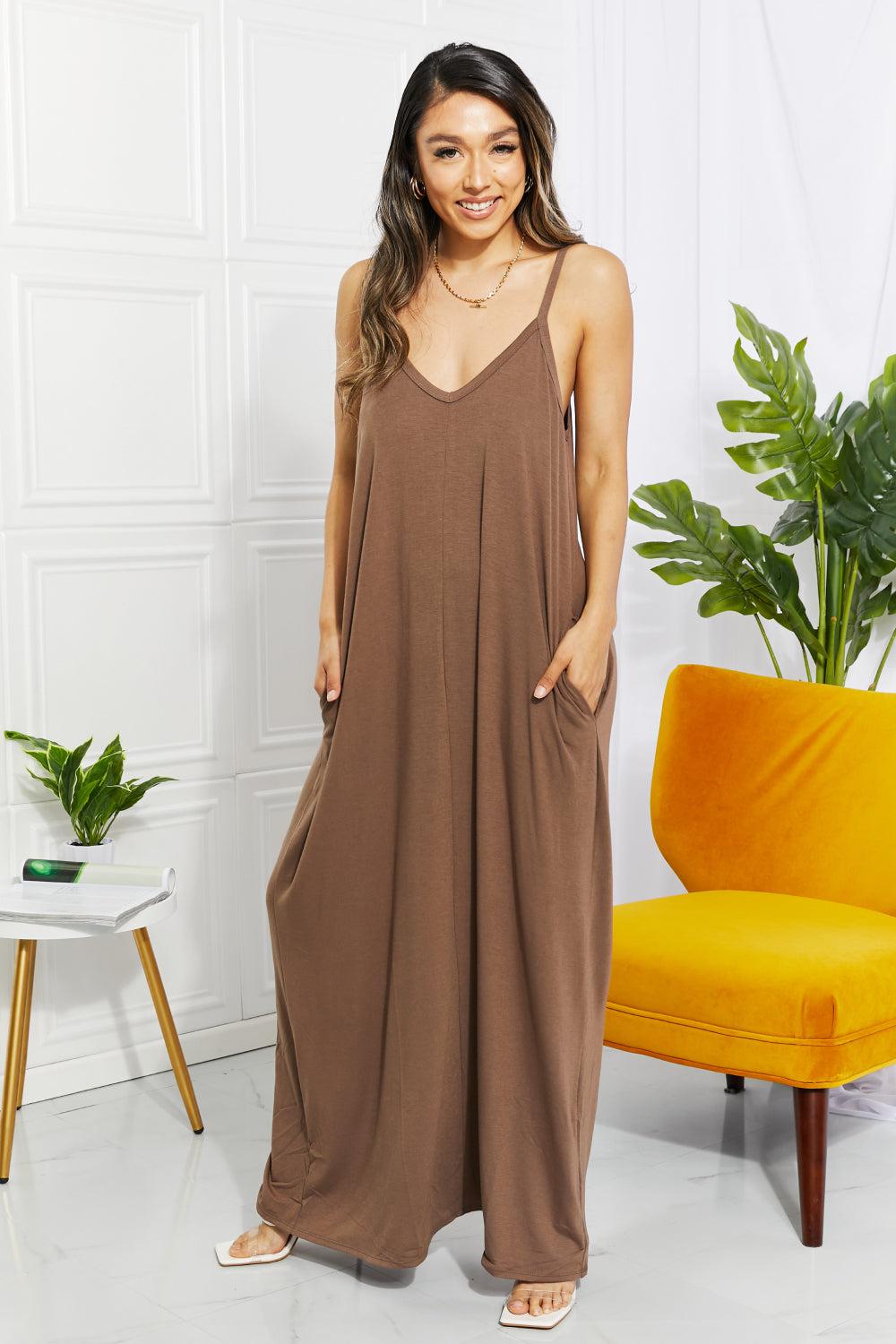 Zenana Full Size Beach Vibes Cami Maxi Dress in Mocha BLUE ZONE PLANET