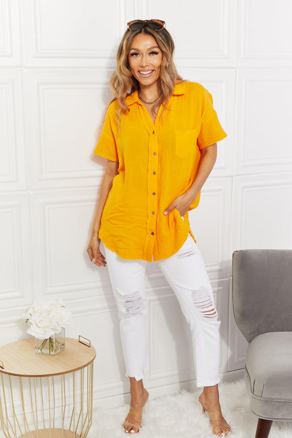 Zenana Full Size Summer Breeze Gauze Short Sleeve Shirt in Mustard BLUE ZONE PLANET