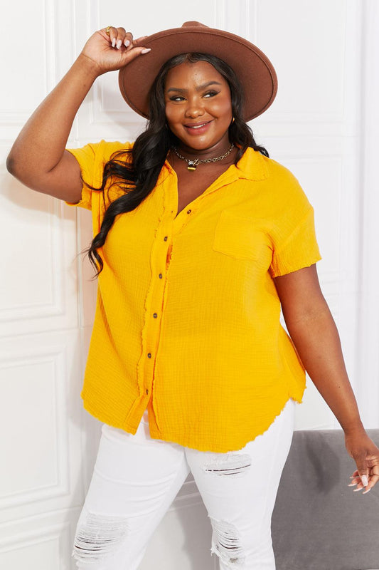 Zenana Full Size Summer Breeze Gauze Short Sleeve Shirt in Mustard BLUE ZONE PLANET