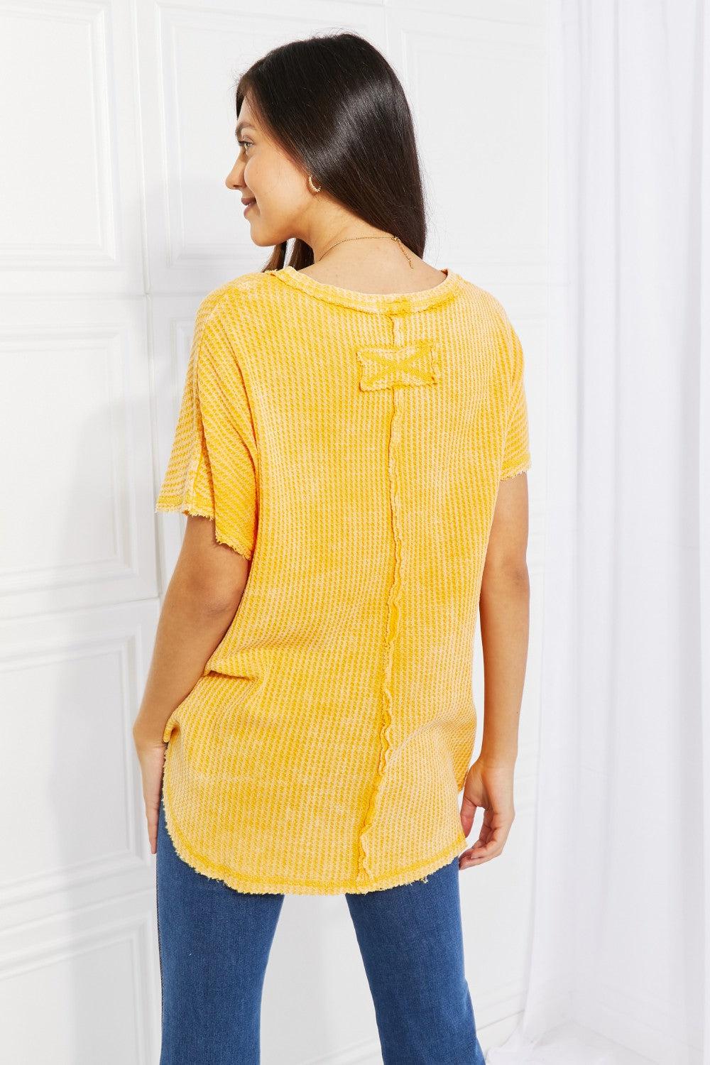 Zenana Start Small Washed Waffle Knit Top in Yellow Gold BLUE ZONE PLANET
