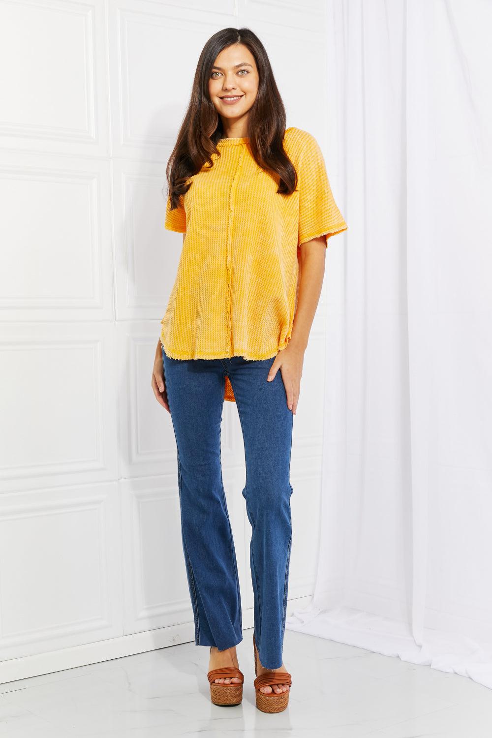 Zenana Start Small Washed Waffle Knit Top in Yellow Gold BLUE ZONE PLANET