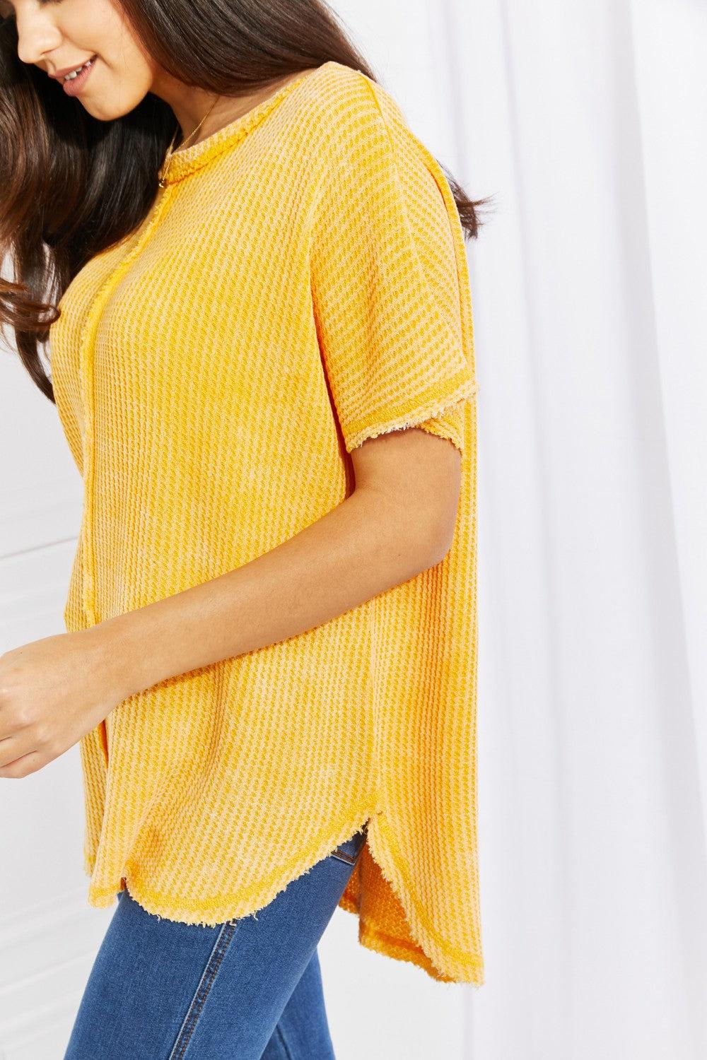 Zenana Start Small Washed Waffle Knit Top in Yellow Gold BLUE ZONE PLANET