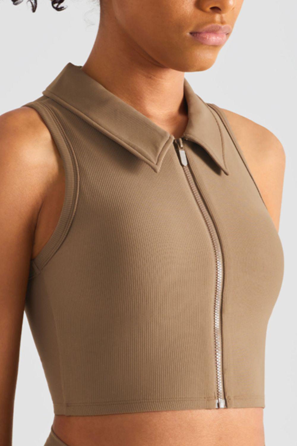 Zip Up Collared Cropped Sports Top-TOPS / DRESSES-[Adult]-[Female]-2022 Online Blue Zone Planet