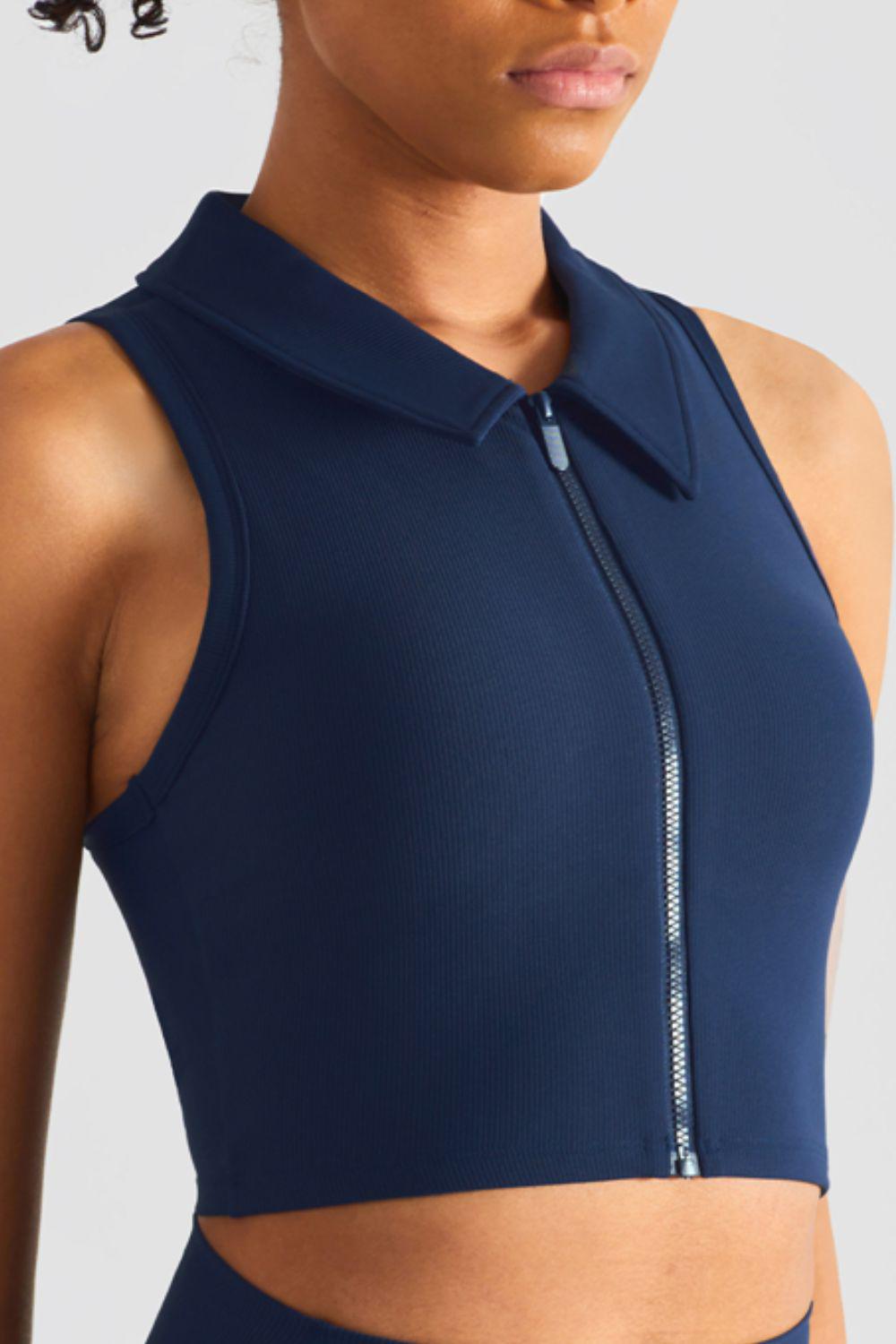 Zip Up Collared Cropped Sports Top-TOPS / DRESSES-[Adult]-[Female]-2022 Online Blue Zone Planet