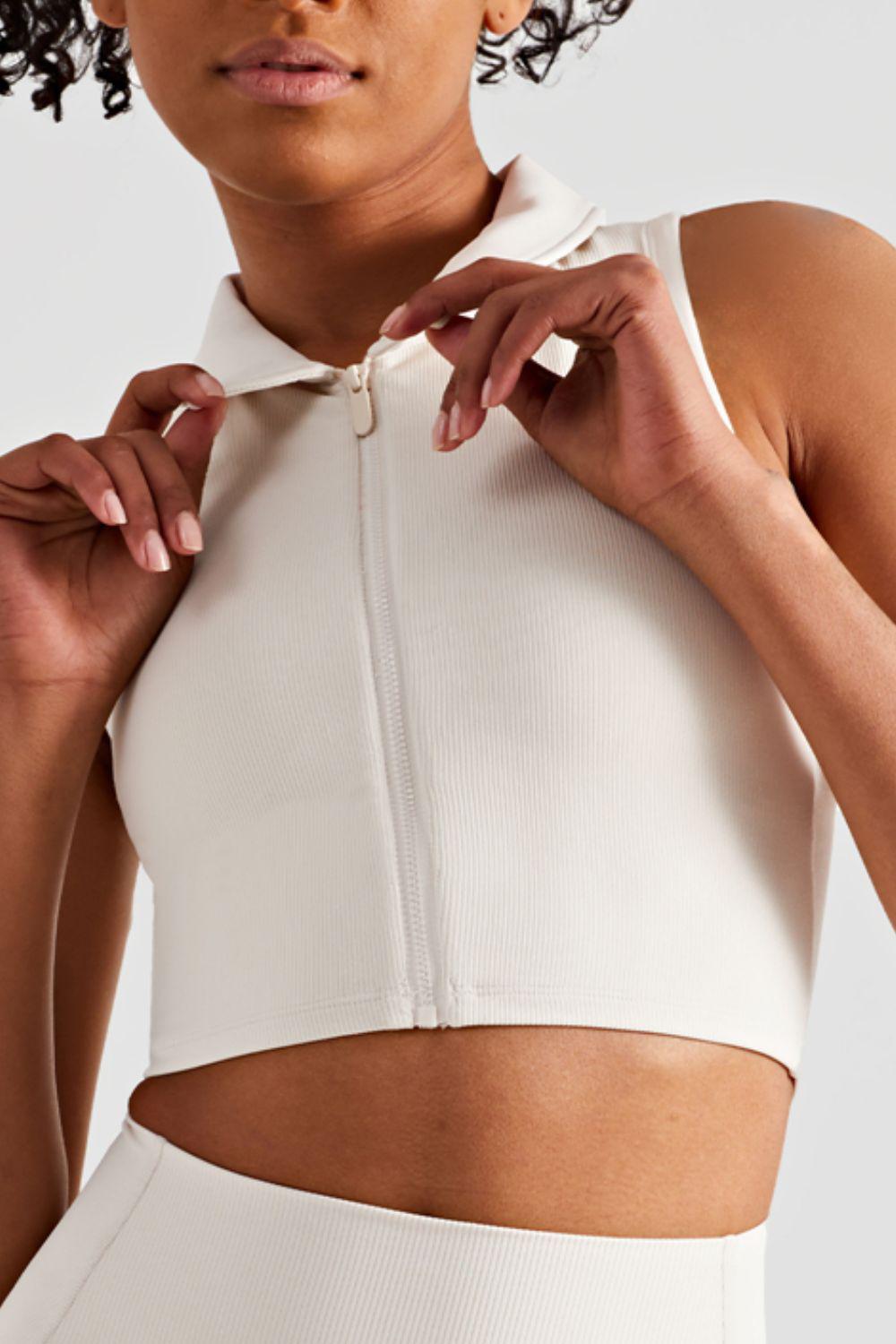 Zip Up Collared Cropped Sports Top-TOPS / DRESSES-[Adult]-[Female]-2022 Online Blue Zone Planet