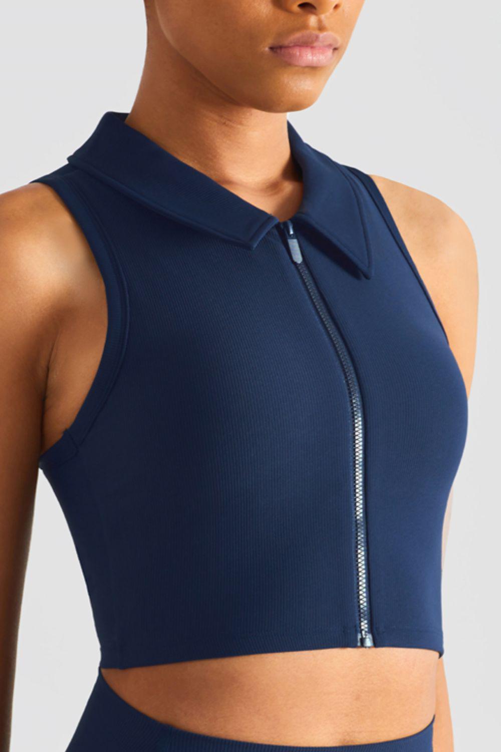 Zip Up Collared Cropped Sports Top-TOPS / DRESSES-[Adult]-[Female]-Blue-4-2022 Online Blue Zone Planet