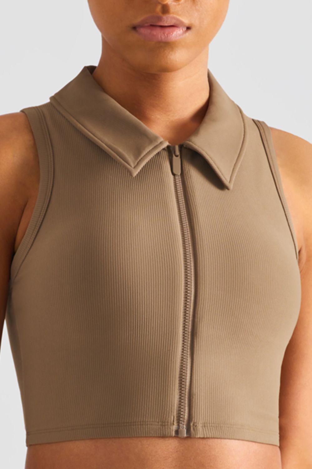 Zip Up Collared Cropped Sports Top-TOPS / DRESSES-[Adult]-[Female]-Khaki-4-2022 Online Blue Zone Planet