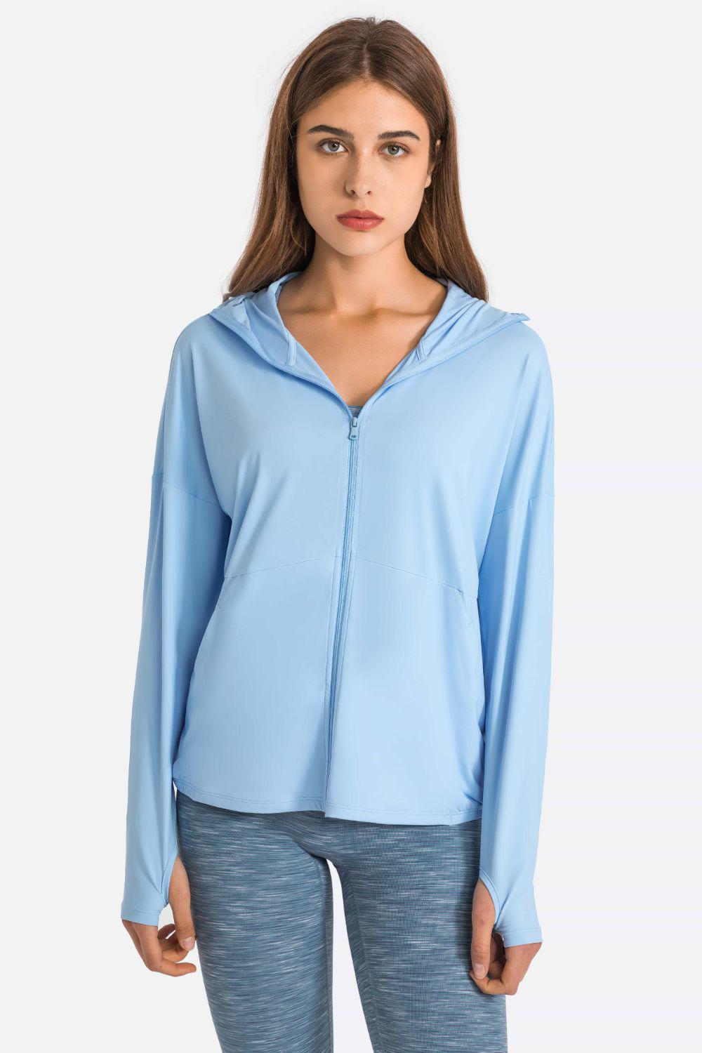 Zip Up Dropped Shoulder Hooded Sports Jacket-TOPS / DRESSES-[Adult]-[Female]-Blue-S-2022 Online Blue Zone Planet