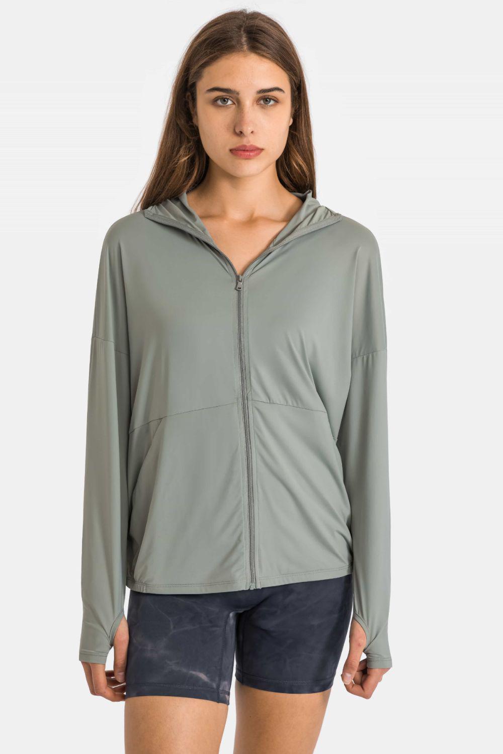 Zip Up Dropped Shoulder Hooded Sports Jacket-TOPS / DRESSES-[Adult]-[Female]-Gray-S-2022 Online Blue Zone Planet