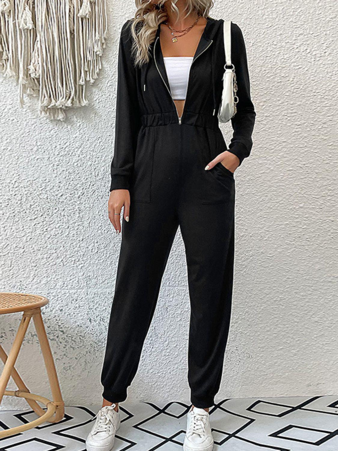 Zip Up Elastic Waist Hooded Jogger Jumpsuit BLUE ZONE PLANET