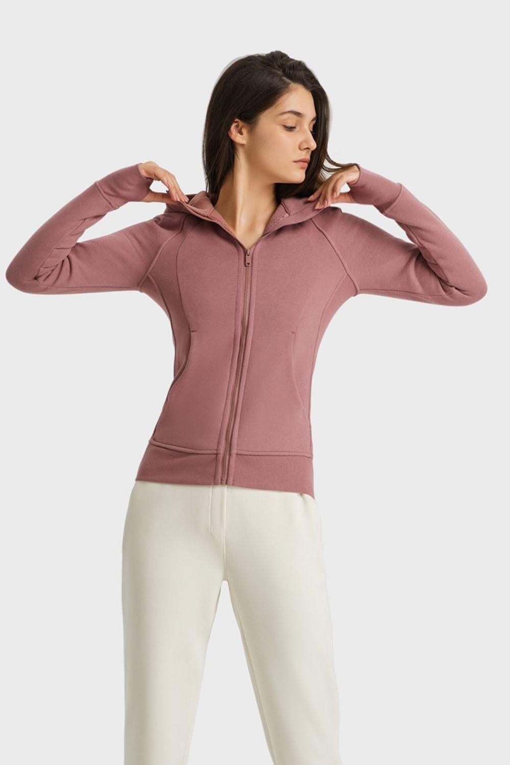 Zip Up Seam Detail Hooded Sports Jacket-TOPS / DRESSES-[Adult]-[Female]-Dusty Pink-4-Blue Zone Planet