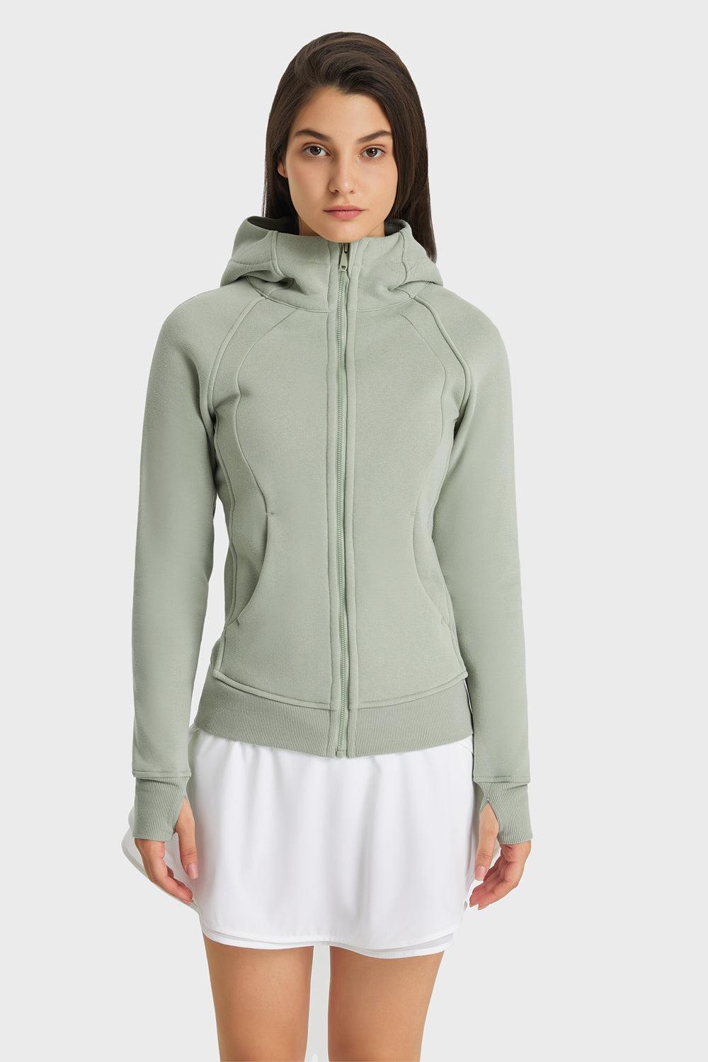 Zip Up Seam Detail Hooded Sports Jacket-TOPS / DRESSES-[Adult]-[Female]-Green-4-Blue Zone Planet
