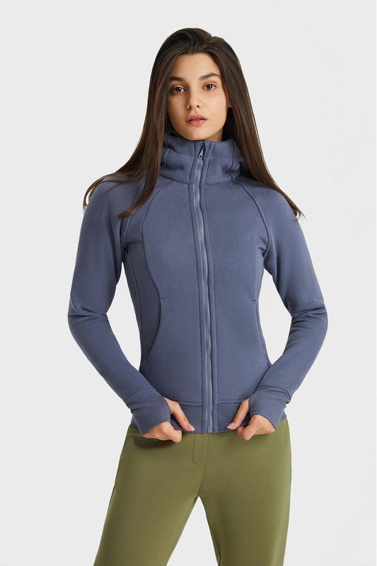 Zip Up Seam Detail Hooded Sports Jacket BLUE ZONE PLANET