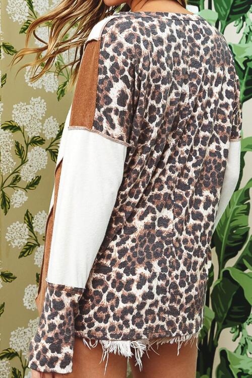 Leopard V-Neck Dropped Shoulder Blouse BLUE ZONE PLANET