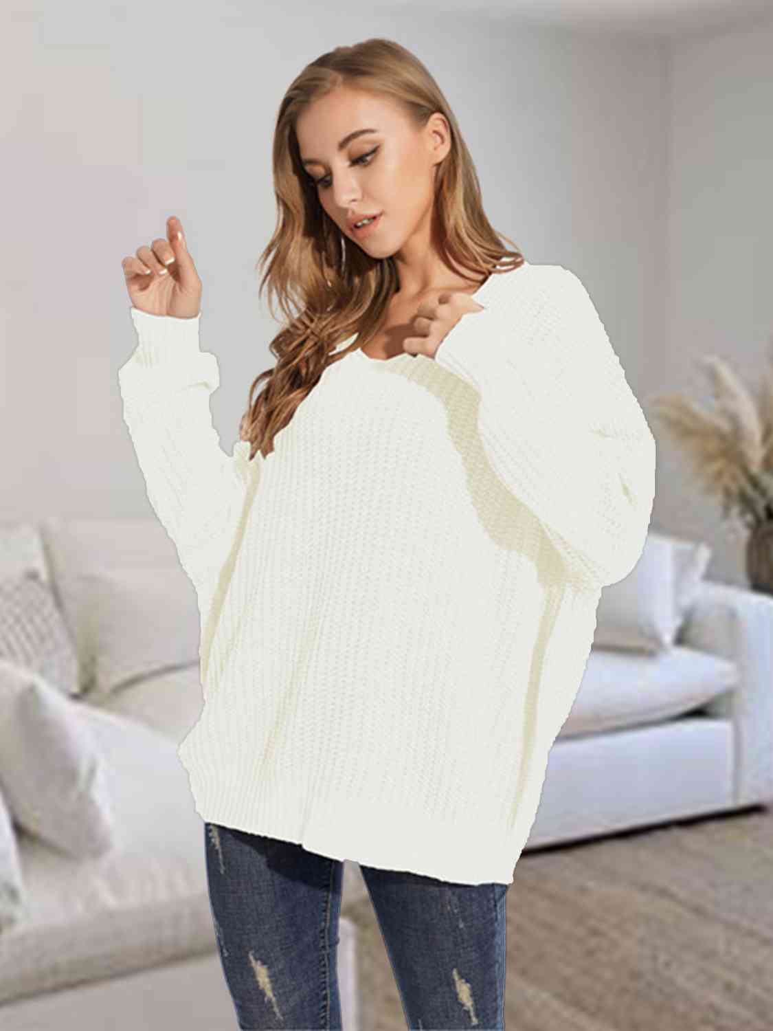 V-Neck Batwing Dropped Shoulder Sweater BLUE ZONE PLANET