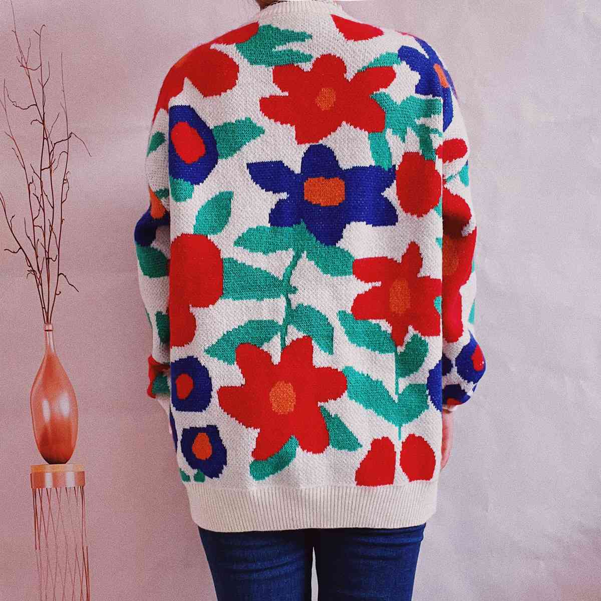 Floral Print Round Neck Drop Shoulder Sweater BLUE ZONE PLANET