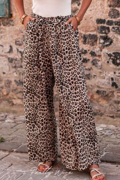 Leopard Drawstring Wide Leg Pants-BOTTOM SIZES SMALL MEDIUM LARGE-[Adult]-[Female]-2022 Online Blue Zone Planet