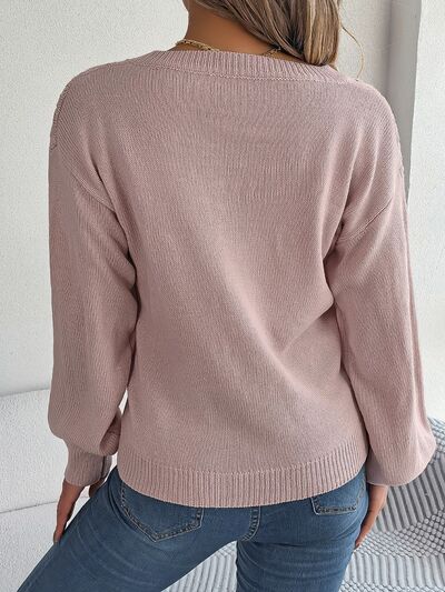 Cable-Knit V-Neck Lantern Sleeve Sweater BLUE ZONE PLANET