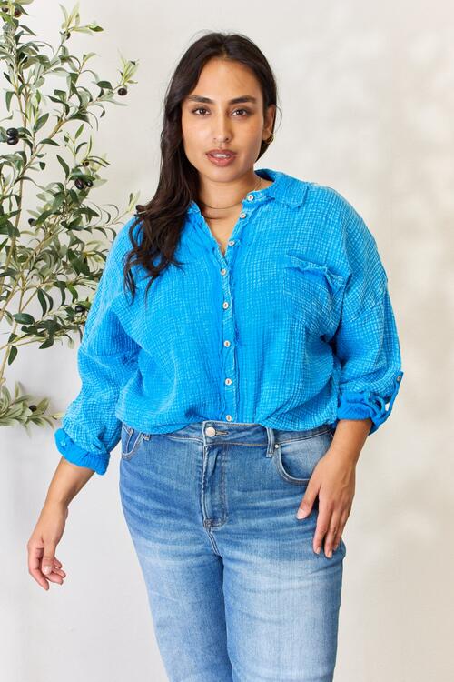 Zenana Full Size Washed Raw Trim Button Down Shirt BLUE ZONE PLANET