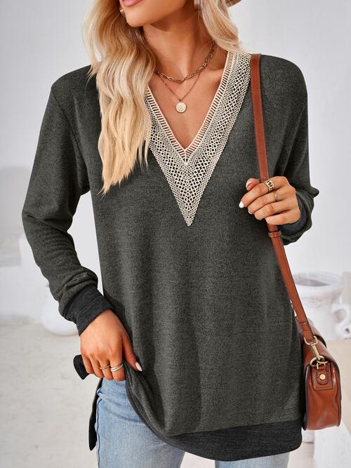 Crochet Contrast V-Neck Long Sleeve Slit T-Shirt BLUE ZONE PLANET