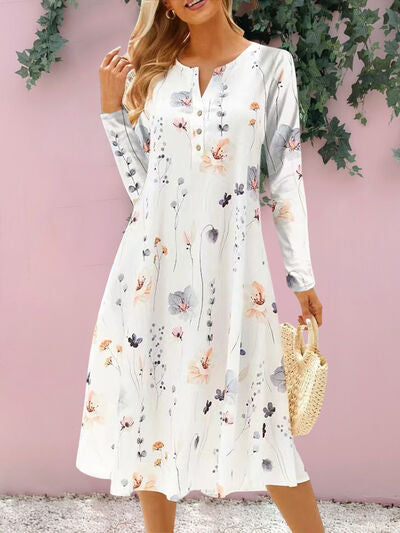 Floral Notched Long Sleeve Midi Dress BLUE ZONE PLANET