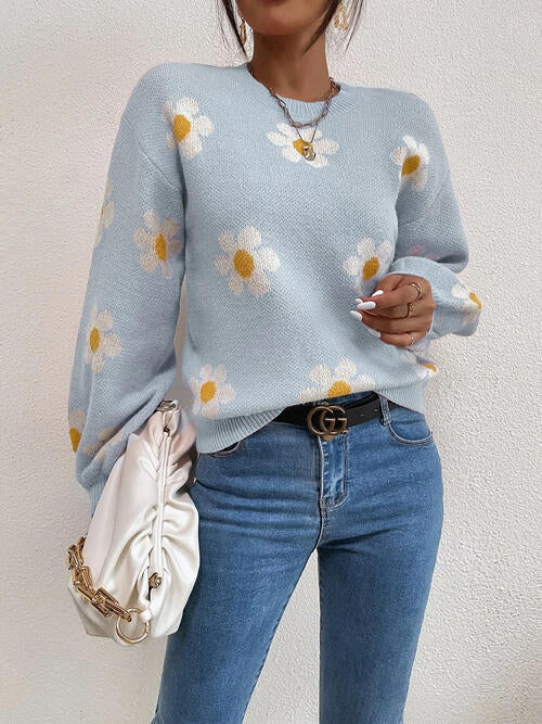 Flower Round Neck Latern Sleeve Sweater BLUE ZONE PLANET