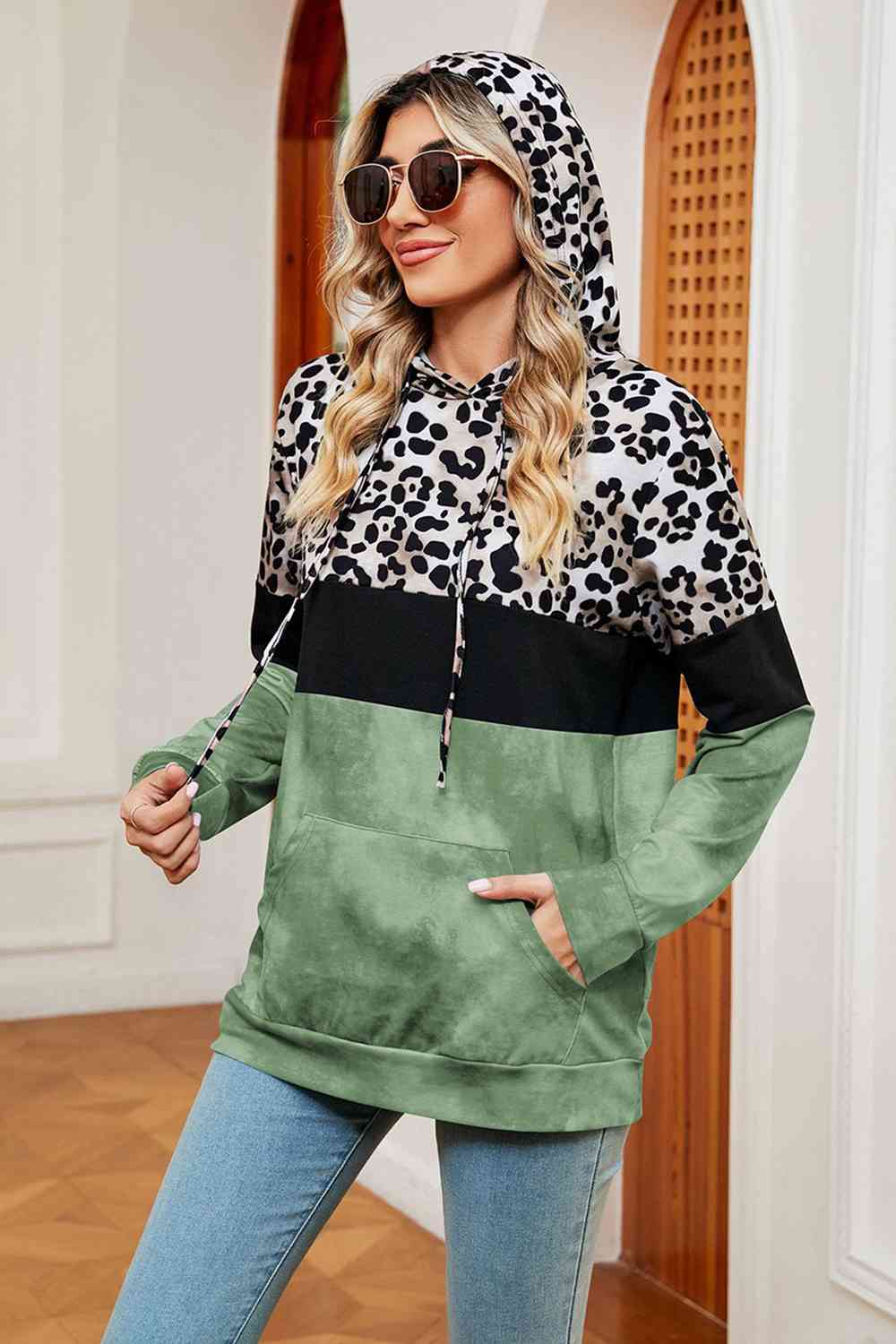 Leopard Drawstring Hoodie with Pocket BLUE ZONE PLANET