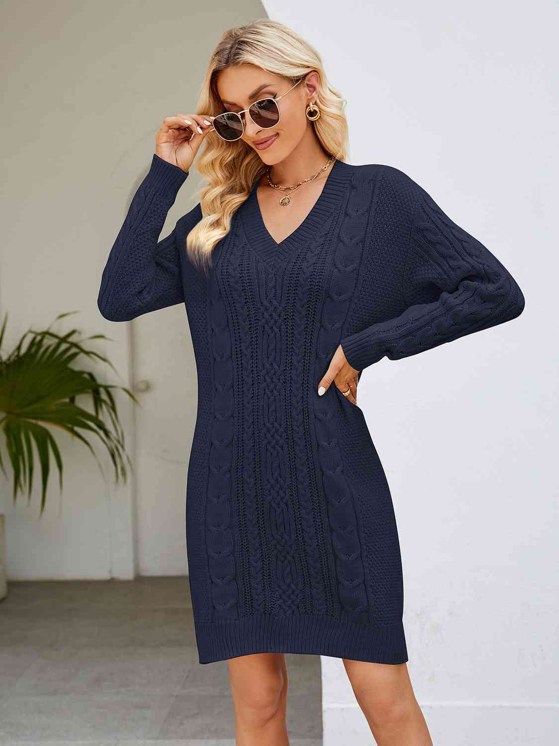 Cable-Knit V-Neck Mini Sweater Dress BLUE ZONE PLANET