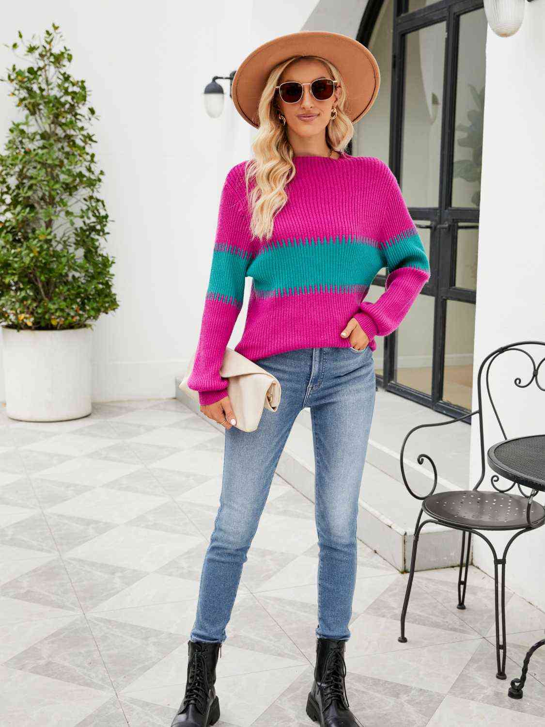 Contrast Round Neck Sweater BLUE ZONE PLANET