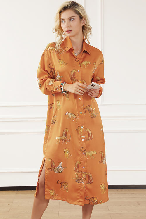 Animal Pattern Long Sleeve Slit Shirt Dress BLUE ZONE PLANET