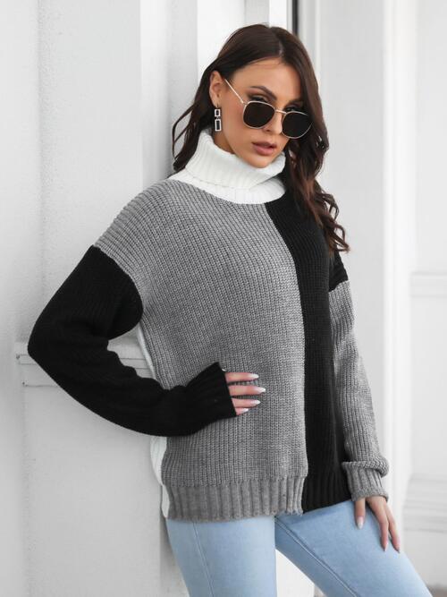 Contrast Turtleneck Long Sleeve Sweater BLUE ZONE PLANET