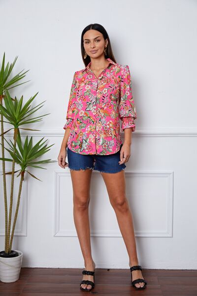 Floral Button Up Flounce Sleeve Shirt Trendsi