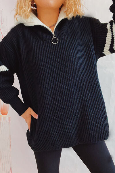 Quarter Zip Striped Dropped Shoulder Sweater Trendsi