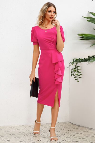 Slit Ruffled Puff Sleeve Midi Dress-TOPS / DRESSES-[Adult]-[Female]-2022 Online Blue Zone Planet