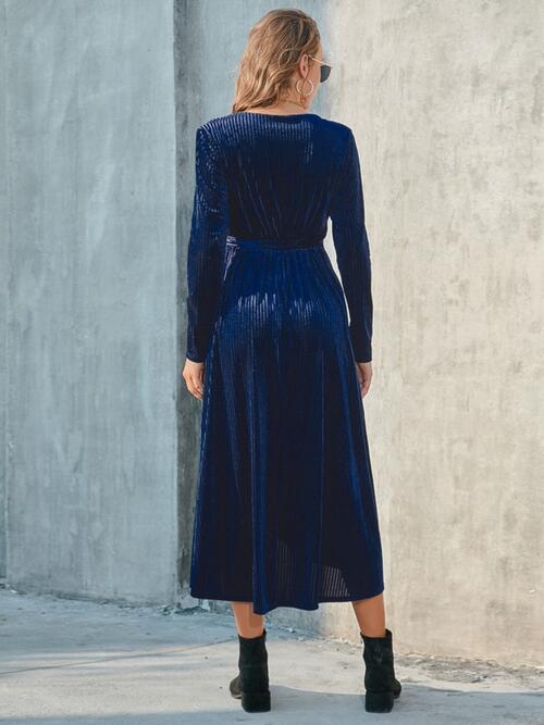 Tie Front Long Sleeve Slit Dress BLUE ZONE PLANET