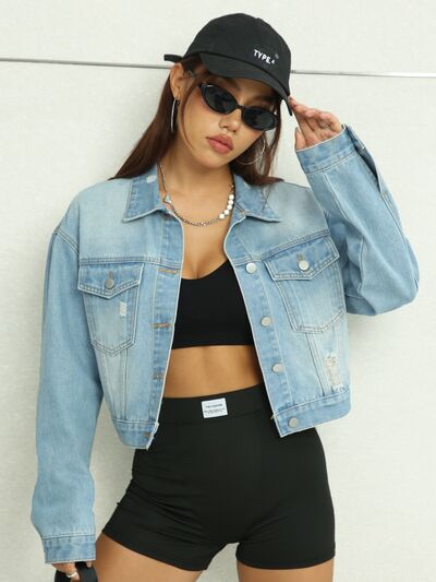Distressed Button Up Denim Jacket with Pockets-TOPS / DRESSES-[Adult]-[Female]-2022 Online Blue Zone Planet