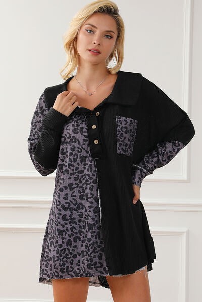 Half Button Leopard Collared Neck Blouse BLUE ZONE PLANET