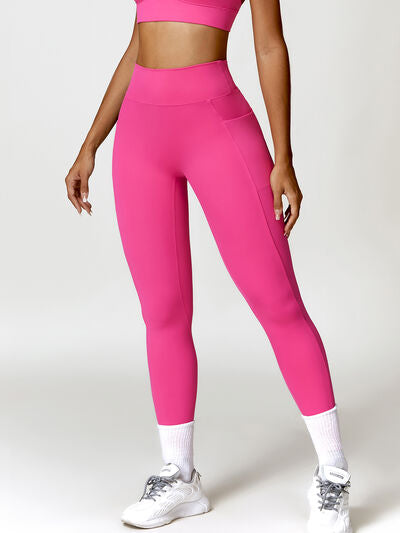 Ruched Pocketed High Waist Active Leggings Trendsi
